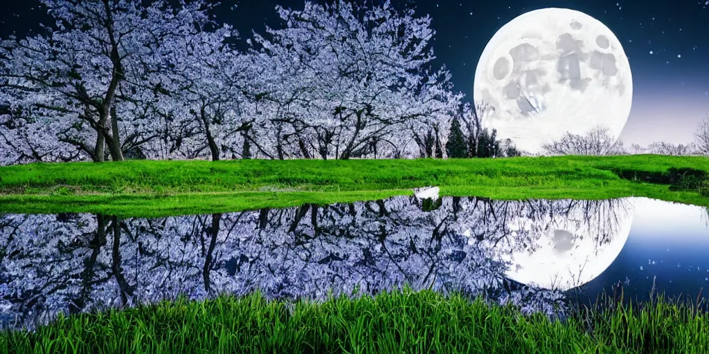 Prompt: A beautiful and dreamy spring that is surrounded by long green grass and the moonlight shines and the reflection of the moon falls in the spring, professional photography