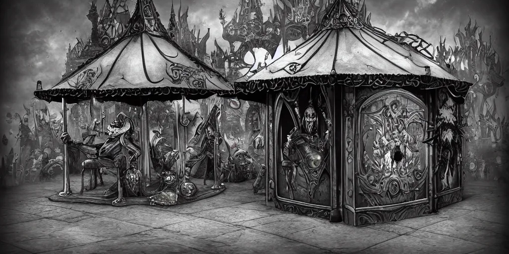 Prompt: a dark fantasy side view of a evil circus ticket booth, tim burton, world of warcraft, league of legends