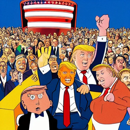 Prompt: enoumous crowd of millions of people, everyone is laughing and pointing at donald trump standing on a podium with no pants. style of the far side.