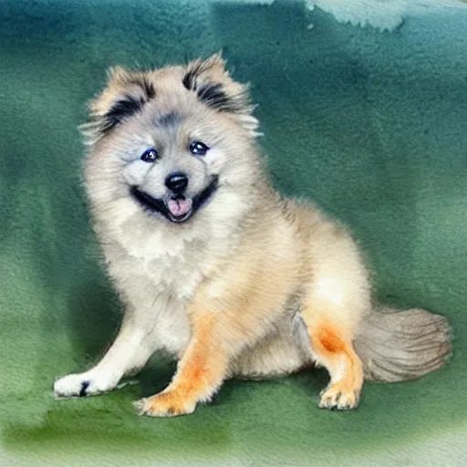 Prompt: a keeshond puppy, watercolor painting by jean - baptiste monge, muted colors