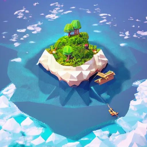 Image similar to a floating island on an ocean isometric art, low poly art, game art, artstation, 3D render, high detail, cgsociety, unreal engine 5