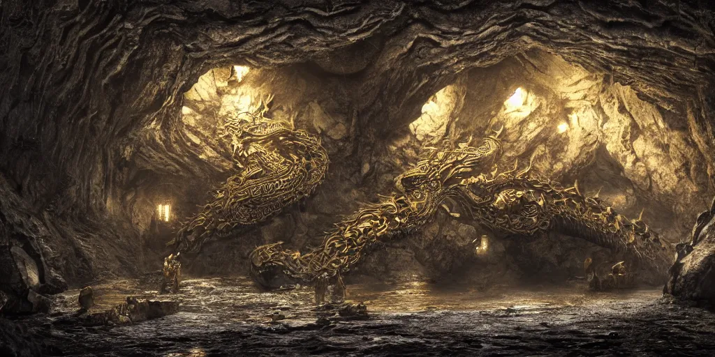 Image similar to The gold horde of a huge black dragon in a mine underground made out of intricately carved stone in a dark cavern, rainy, fantasy digital art, octane render, beautiful composition, trending on artstation, award-winning photograph, masterpiece