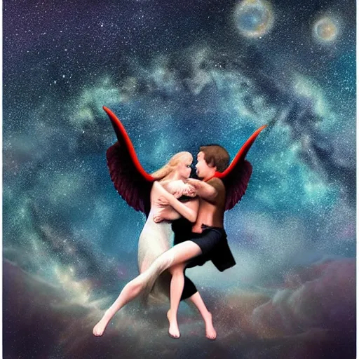 Prompt: Demon and angel waltz under the starry sky, photorealism