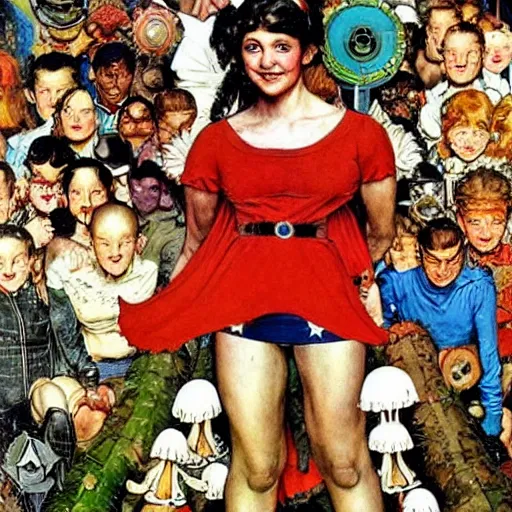 Image similar to Super heroine with the powers of mushrooms. A painting by Norman Rockwell.