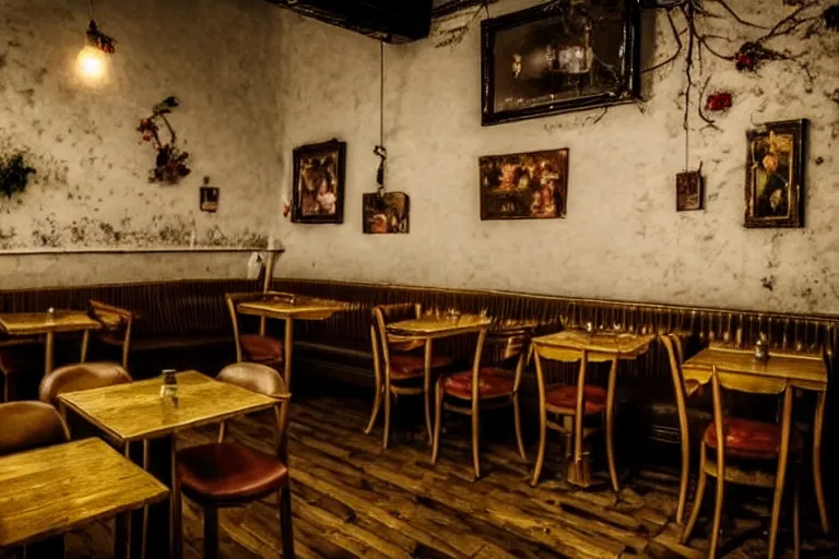 Prompt: belarussian cafe, state of melancholy, romantic, dimmed lights, realistic