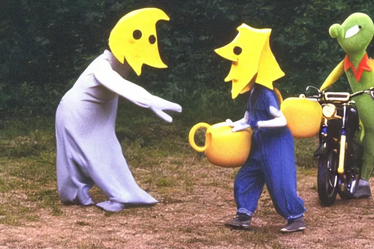 Prompt: a color still from a weird 1981 kids tv show where a sad cheese puppet and a motorcycle ghost play in a jug band