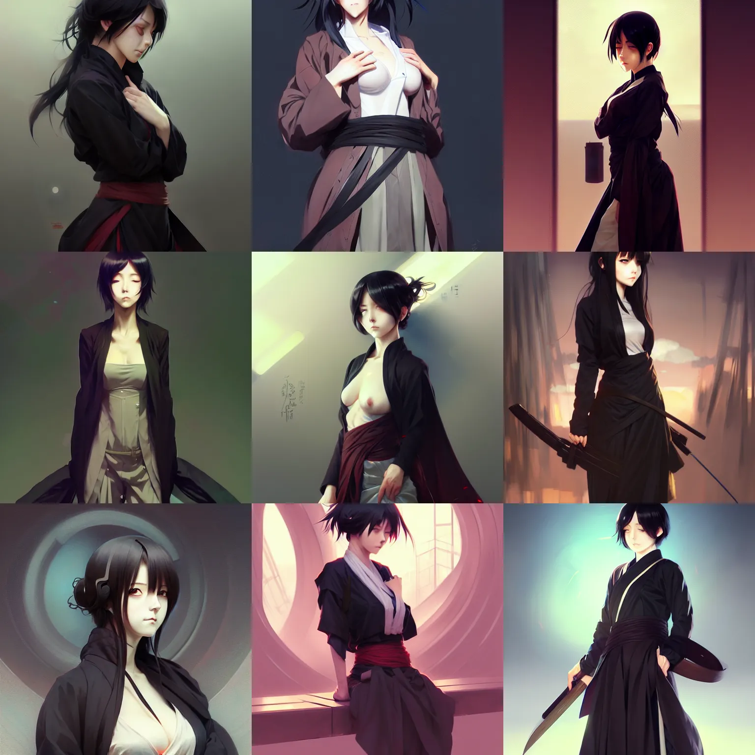 Prompt: beautiful anime girl, hourglass slim figure, techwear hakama, black hair, body portrait, slight smile, highly detailed, digital painting, artstation, concept art, sharp focus, illustration, art by wlop and greg rutkowski and alphonse mucha and artgerm