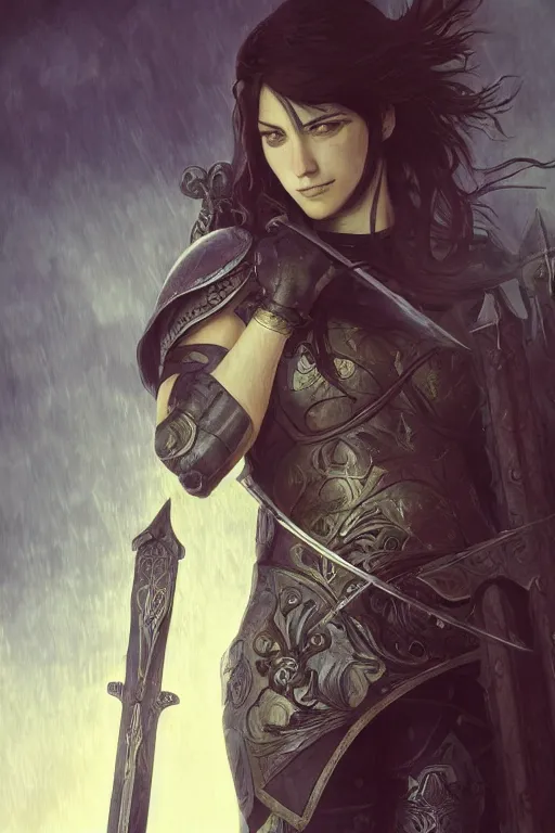 Image similar to a beautiful render of female warrior, gothic background, leather armor, wielding a sword, a beautiful face, perfectly shaded, atmospheric lighting, style of makoto shinkai, raphael lacoste, louis comfort tiffany, artgerm, karol bak, james jean, alphonse maria mucha