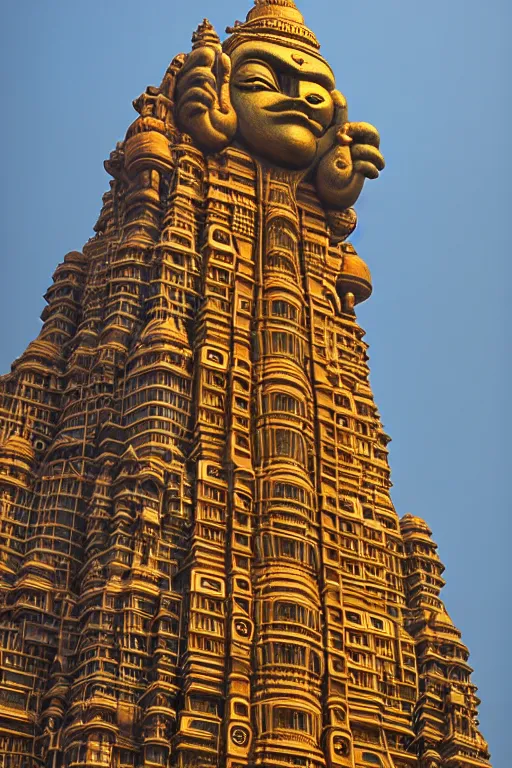 Image similar to hanuman! head building in mumbai!! centre, kalighat, highly detailed, high quality 3 d futuristic biomorphic, cinematic smooth, berenice abbott & john j. park, dramatic warm morning light, wide shot, high angle, uhd 8 k, sharp focus