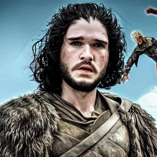 Prompt: an extremely detailed realistic hdr photo of jon snow as zardoz fighting fairies on the beach