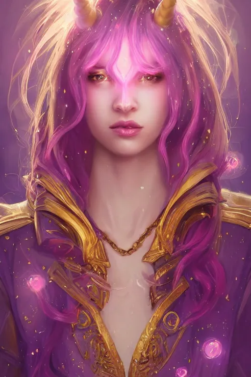 Image similar to beautiful Unicorn in gold and purple pink soft lighting, symmetrical portrait, high quality, cinematic by WLOP and Rossdraws, concept art of the character. Epic composition, hyperrealism, award-winning artwork, realistic hair, artstation trend, high quality printing, fine art with subtle redshift rendering