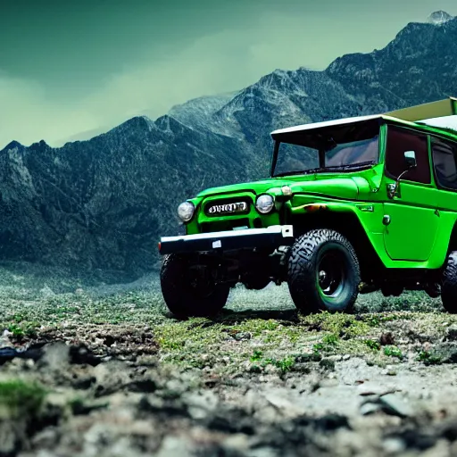 Image similar to closeup of a green Toyota Fj43 build in 1981, traveling through the mountains, black roof, with a roof rack, detailed, 8K, octane render, 8K,