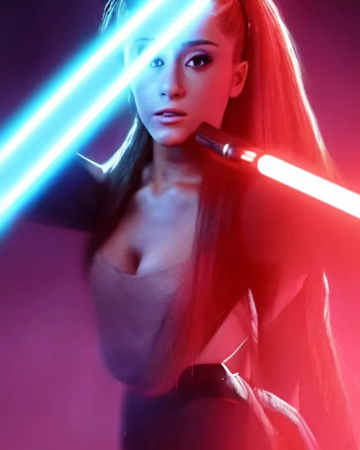 Prompt: Award winning, beautiful photo of Ariana Grande as a Sith lord igniting her light saber, Star Wars concept art by Colin Cantwell, Dramatic Lighting, Cinematic Lighting, Artstation, volumetric fog, action photography, hyper-realistic, 8K resolution, 4K resolution