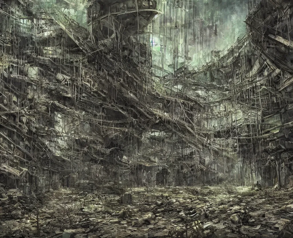 Image similar to a Dystopian painting of the abandoned and overgrown tunnels of an post-apocalyptic arcology