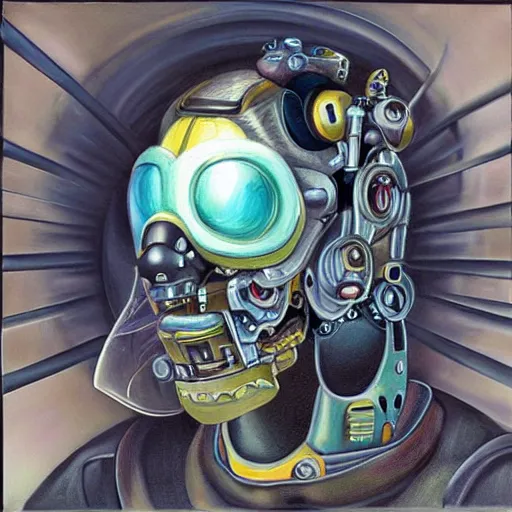 Image similar to a realistic oil painting of a bee as a cybernetic cyborg, surrealism portrait, surrealism album cover