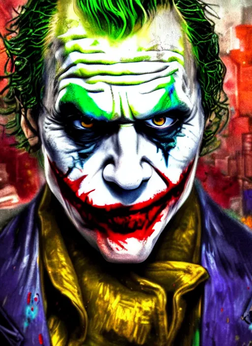 Prompt: abstract portrait of the joker in gears of war, city in the background, the joker 2 0 1 9, studio lightning, beautiful face and eyes, rule of thirds, face symmetry, colourful spray paint splatters, expressive, fine art, by vincent van gogh, 4 k, 8 k, correct body proportion, vincent van gogh style