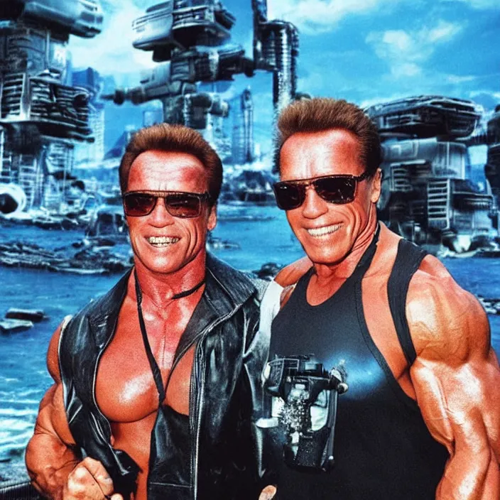 Image similar to arnold schwarzenegger having fun at a cyberpunk beach, futuristic cyberpunk, detailed photo