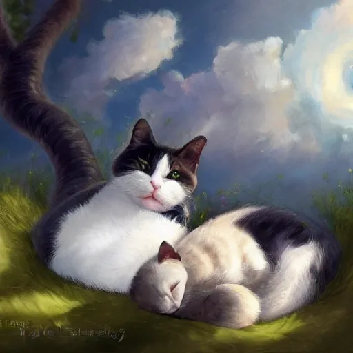 Prompt: a fat black and white male cat and a slim tortoiseshell female cat sleeping peacefully together in cat heaven, dreamy puffy clouds, painted by Tyler Edlin-n 9