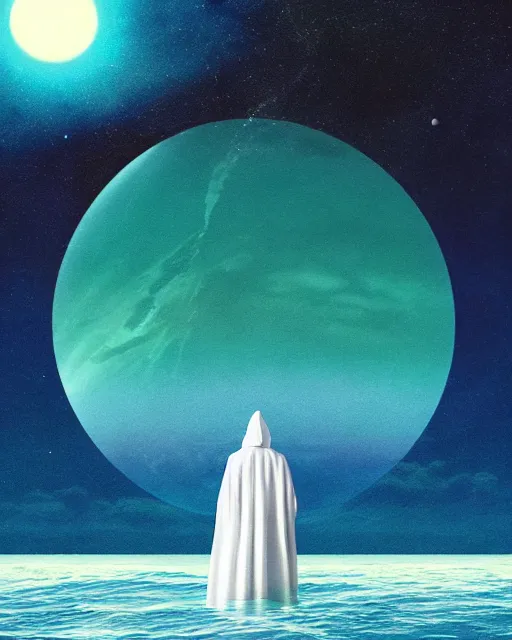 Image similar to a person wearing a white cloak standing in the water. a large planet is overhead. an album cover by stanley twardowicz, trending on cg society, retrofuturism, retrowave, chillwave, synthwave