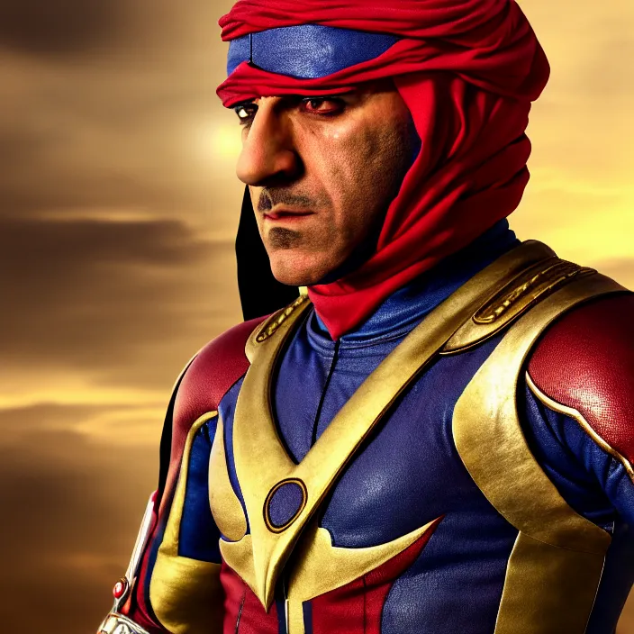 Image similar to cinematic portrait, captain falcon as sheik mohammad ruler of dubai, head and torso only, masterpiece, medieval arabia, sharp details,, hd, 4 k