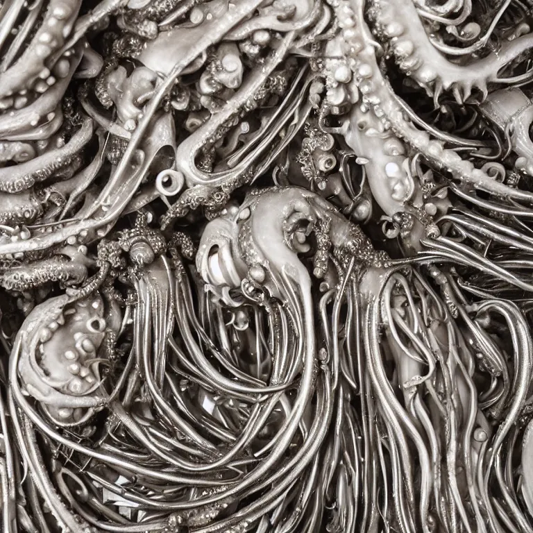 Prompt: symmetrical surreal baroque painting detail of octopus squid tentacles reflective mirror motherboard chip circuit honeycomb beehive holes eyes embryos white xenomorph sorayama metallic spiky spine tentacles ribs teeth muscle tissue embryo white plastic translucent meat made of glass