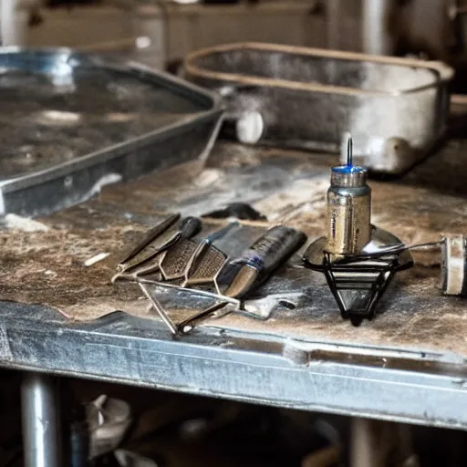 Image similar to A close-up shot of a metal table with laboratory tools and materials in an abandoned biopunk laboratory,