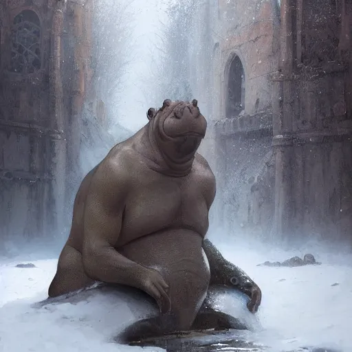 Image similar to anthropomorphic hippopotamus humanoid monk by greg rutkowski, water temple, winter, fantasy
