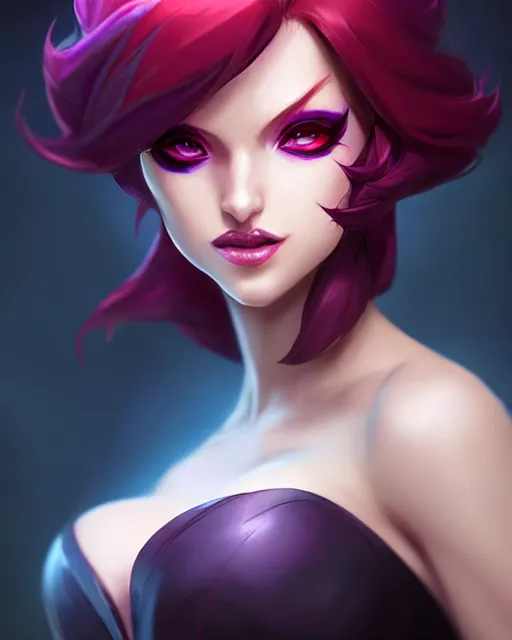 Image similar to portrait Evelynn character league-of-legends game flamed hair sharp fine-face, pretty face, realistic shaded Perfect face, fine details. Anime. Evelynn league-of-legends game realistic shaded lighting by artgerm, rutkowski Jeremy Lipkin and Giuseppe Dangelico Pino and Michael Garmash and Rob Rey