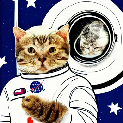 Image similar to astronaut cat on board the sputnik 2, realistic, photo, detailed, patriotic