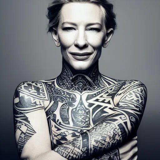 Prompt: high resolution image of cate blanchett with full body maori tattoo , highly detailed, photorealistic, 4k