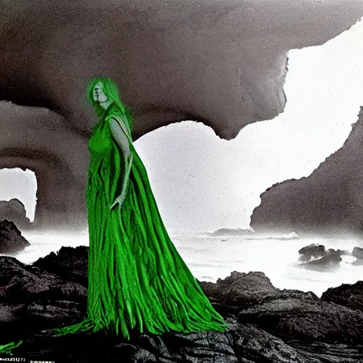 Image similar to dark and moody 1 9 7 0's artistic spaghetti western film in color, a woman in a giant billowy wide flowing waving dress made out of sea foam, standing inside a green mossy irish rocky scenic landscape, crashing waves and sea foam, volumetric lighting, backlit, moody, atmospheric