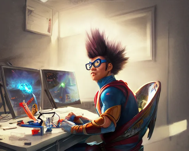 Image similar to an insanely detailed painting of a nerdy asian man wearing a superhero costume, sitting at a desk, staring at the nervously at the computer and typing, in the style of peter mohrbacher, dramatic lighting and composition, octane render, pixar, trending on artstation, concept art, comic book, view from behind