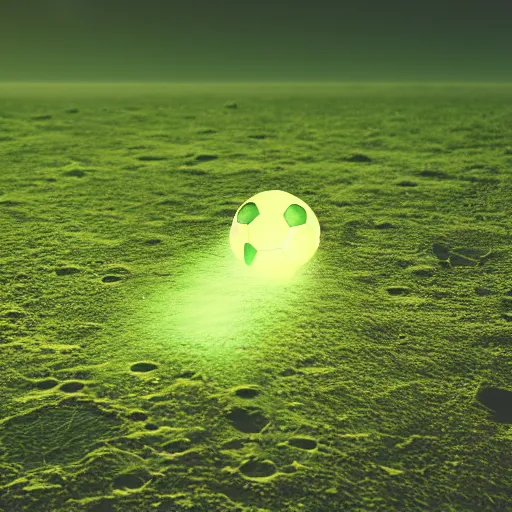 Image similar to a photography of a green soccer pitch on the moon, extreme long shot, realistic