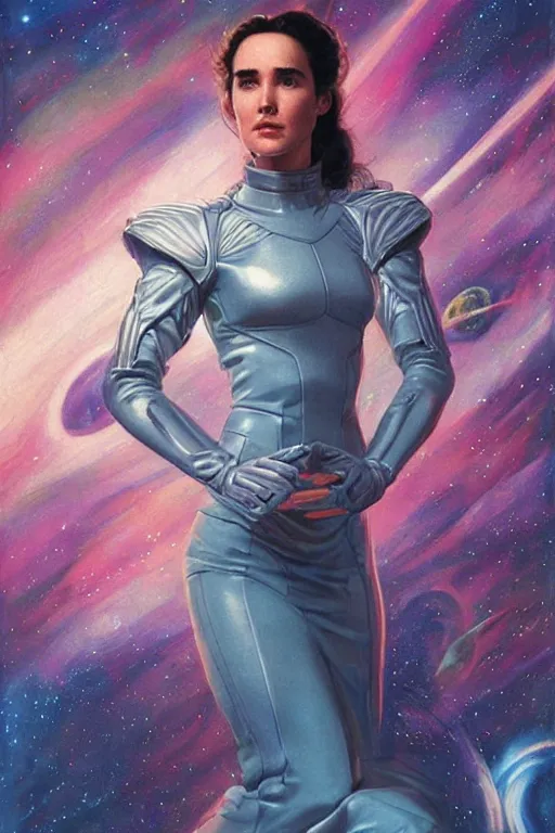 Prompt: young Jennifer Connelly as a stunning , beautiful retro SCI-FI space heroine 1985 , movie poster, intricate, elegant, highly detailed, centered, digital painting, trending on artstation, concept art, smooth, sharp focus, illustration, art by artgerm and donato giancola and Joseph Christian Leyendecker, Ross Tran, WLOP
