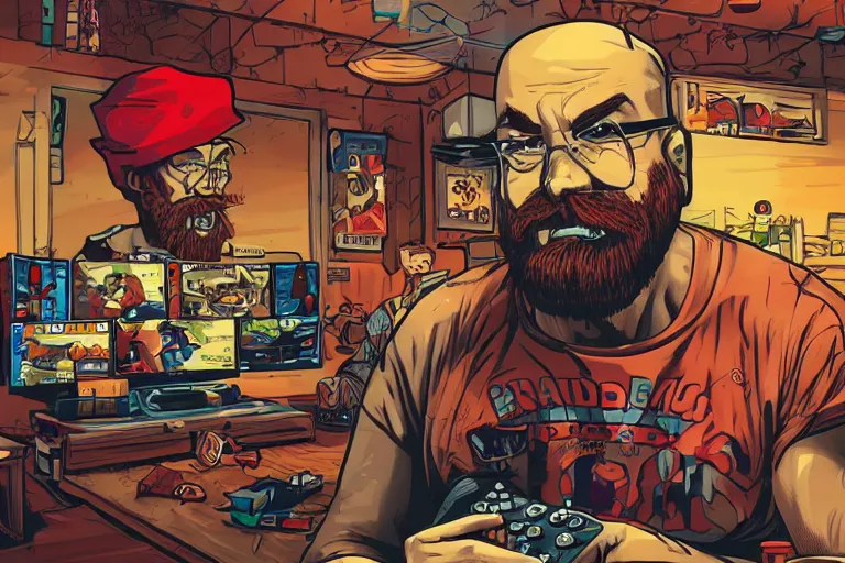 Image similar to a bald man with a big red beard playing video games by dan mumford and sandra chevrier, 4 k