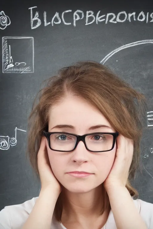 Prompt: photo of depressive teacher near blackboard, women, 2 5 year old, portrait, realistic, detailed