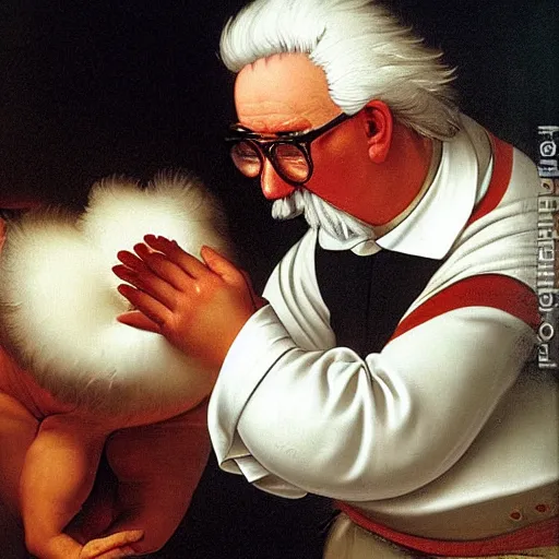 Prompt: Angry Colonel Sanders petting a plump chicken. Painted by Caravaggio, high detail