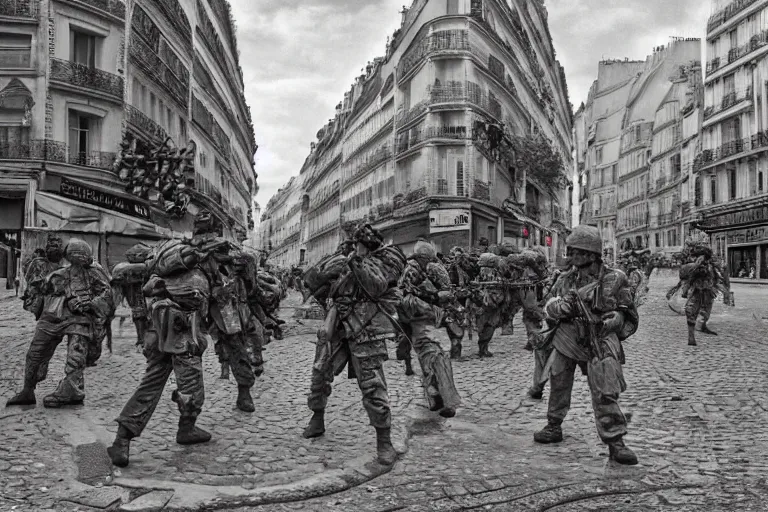 Image similar to soldiers fighting in the street of Paris, photography photorealism, photojournalism