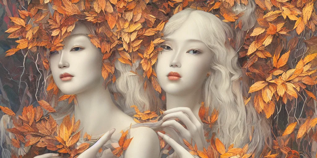 Prompt: breathtaking detailed concept art painting art deco pattern of blonde goddesses faces amalgamation autumn leaves, by hsiao - ron cheng and john james audubon, bizarre compositions, exquisite detail, extremely moody lighting, 8 k