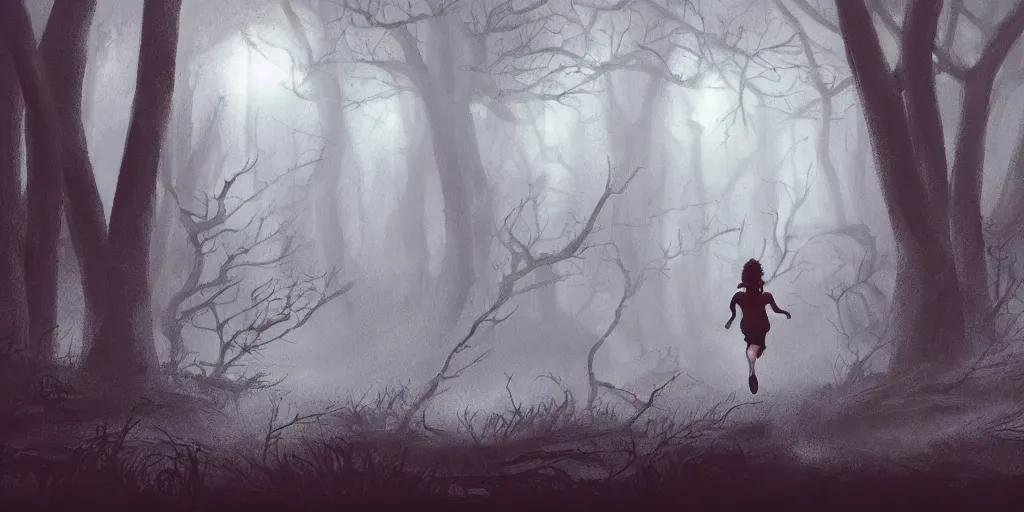 Image similar to an environmental concept art of a scared woman running in a haunted forest, rainy, highly detailed, cinematic, dramatic lighting by francis tneh