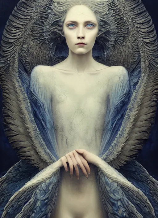 Image similar to Her huge ominous glowing blue eyes staring into my soul , perfect eyes, soft pale white skin, agostino arrivabene, Tomasz strzalkowski, twisted dark lucid dream, 8k portrait render, raven angel wings, swirling thick smoke , beautiful lighting, dark fantasy art, rococo, cgsociety