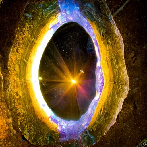 Prompt: magical portail in a geode, background space hubble photo