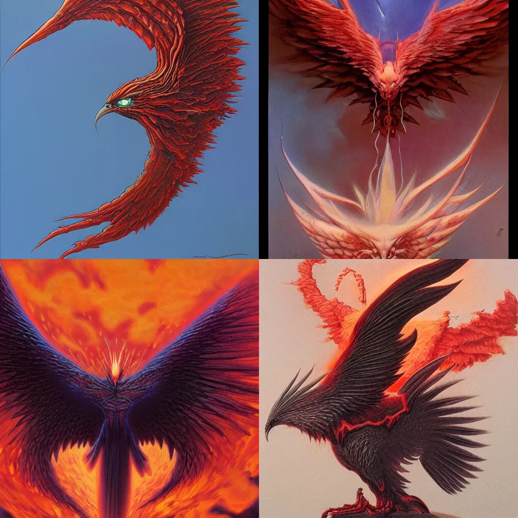 Prompt: a firebird, a phoenix and a thunderbird merged in the same body, by wayne barlowe, dark fantasy art, featured on artstation, daily deviation, detailed, sharp focus