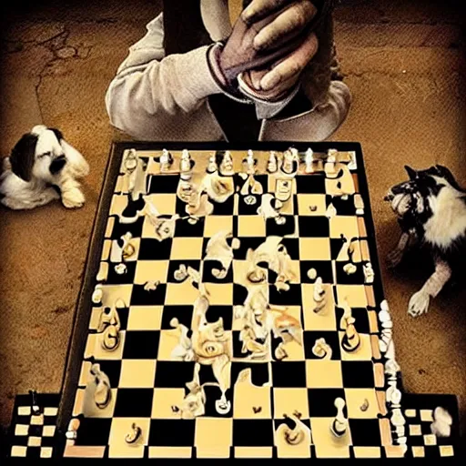 Image similar to “(the grim reaper) playing chess with dogs in hades, photograph, realistic, highly detailed”