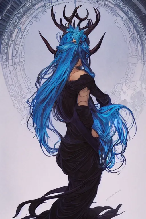 Prompt: fullbody!! dynamic action pose illustration, art by artgerm and greg rutkowski and alphonse mucha, beautiful woman with blue hair, antlers on her head, long flowing intricate black dress, dnd, face, fantasy, intricate, elegant, highly detailed, digital painting, artstation, concept art, smooth, sharp focus,