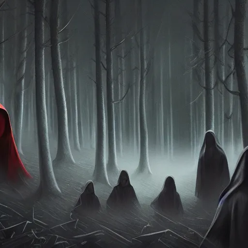 Prompt: A group of blindfolded people being led by a hooded figure through a dark forest, highly detailed, HD, 3d with depth of field, no blur, dynamic camera angle, sharp focus, digital painting, artstation, concept art, by Ekaterina Savic