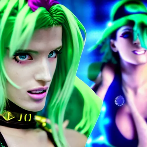 Image similar to cinematic scene with bella thorne as jolyne from jojo's bizarre adventure, stone ocean, dramatic, small details, volumetric lighting, still frame