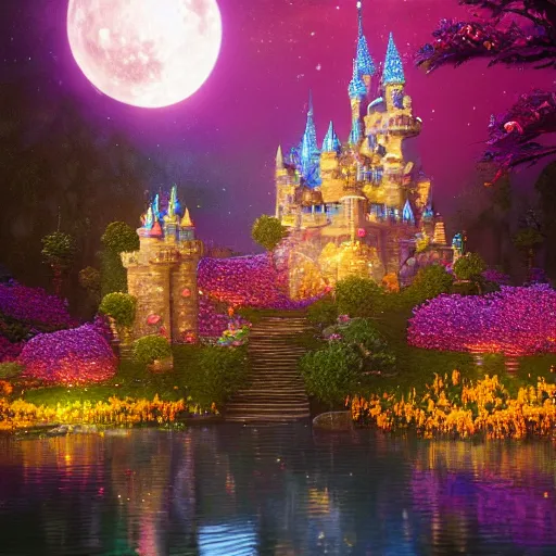 Image similar to a single glittering fairy castle at night, a full moon, water and colourful flowers, extremely detailed oil painting, unreal 5 render, fantasy digital art, octane render, beautiful composition, trending on artstation, award-winning photograph, masterpiece