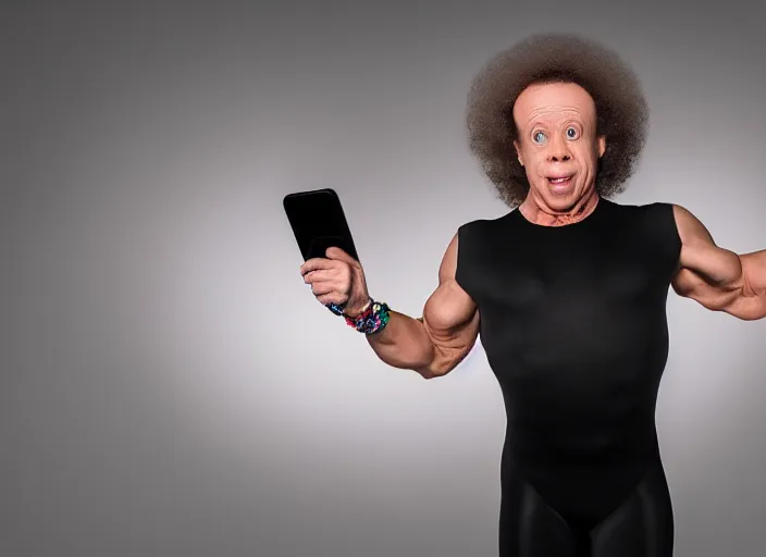 Image similar to a scene from a 2 0 2 2 s black phone, richard simmons is in spandex ringing a doorbell, grindhouse, folk horror, hauntology, 8 k, 8 5 mm f 1. 8, studio lighting, rim light, right side key light