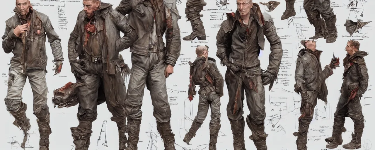 Image similar to character design, reference sheet, gaunt, 40's fighter pilot, unshaven, optimistic, stained dirty clothing, dusty bomber leather jacket, concept art, photorealistic, hyperdetailed, 3d rendering! , art by Leyendecker! and thomas moran,